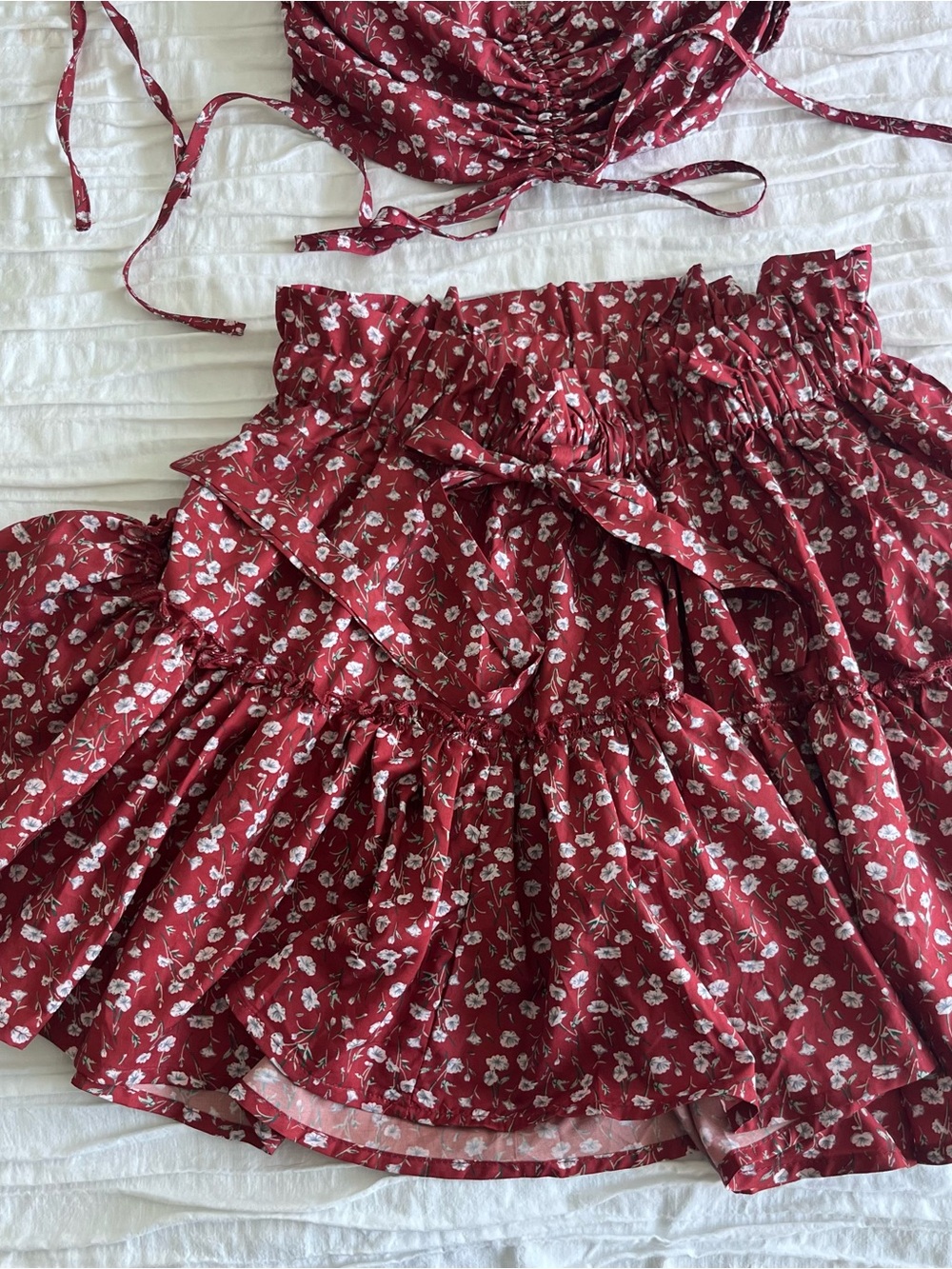 Floral Ruffled Mini Skirt in Burgundy - Picture 3 of 4